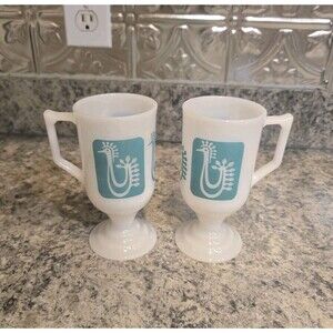 Set Of 2 Federal Glass Milk Glass Pedestal Mugs Turquoise Danish Rooster